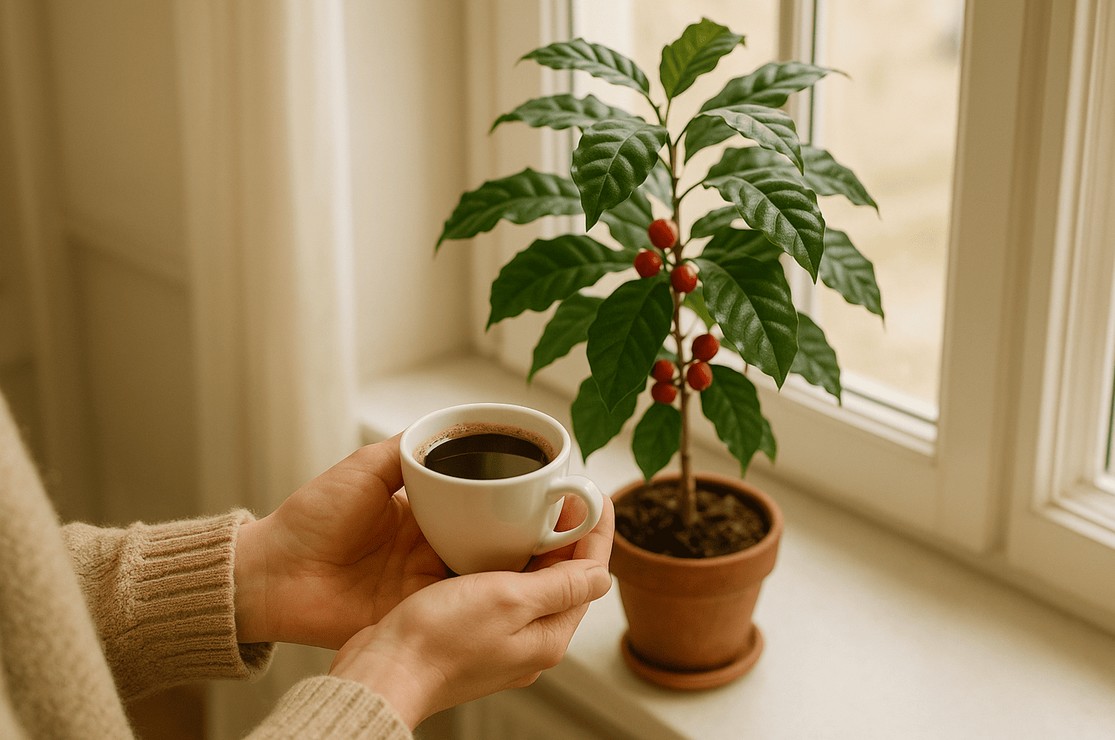 ყავის ხე ფანჯრის რაფაზე